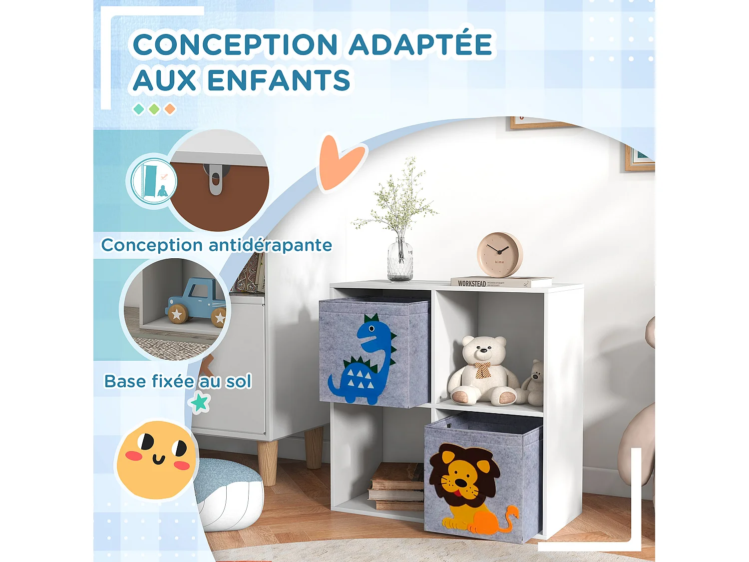 Meuble de rangement jouets enfant étagère de jouet pour chambre d'enfant 4 casiers 2 tiroirs non tissé MDF blanc