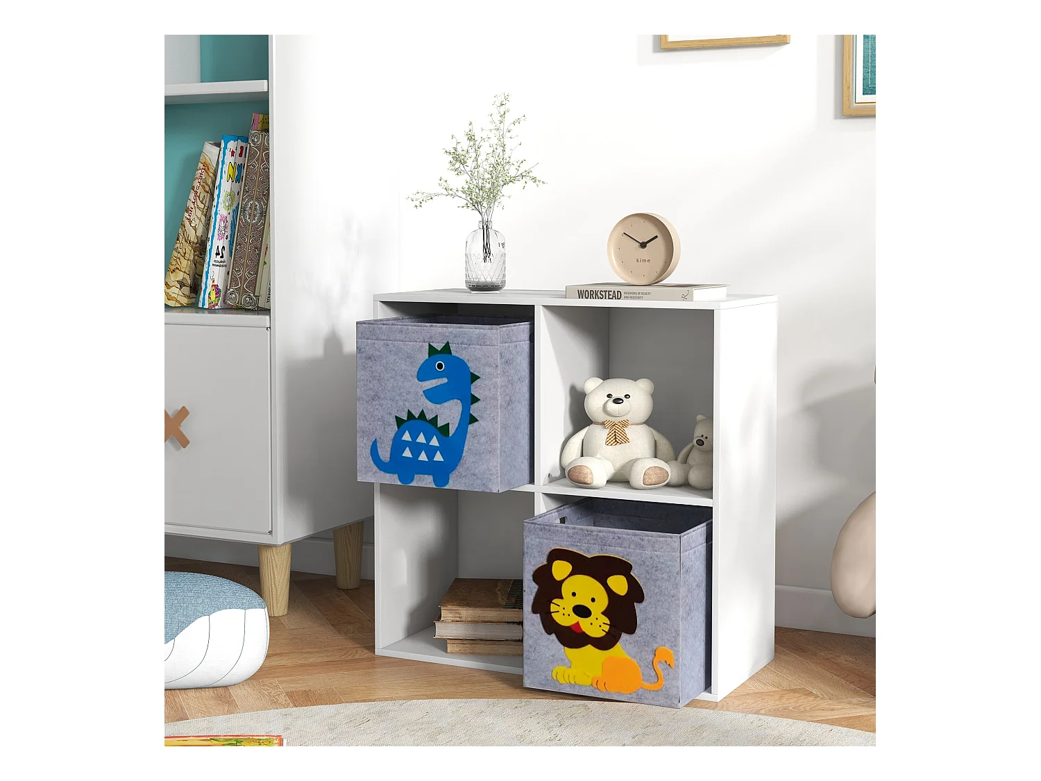 Meuble de rangement jouets enfant étagère de jouet pour chambre d'enfant 4 casiers 2 tiroirs non tissé MDF blanc