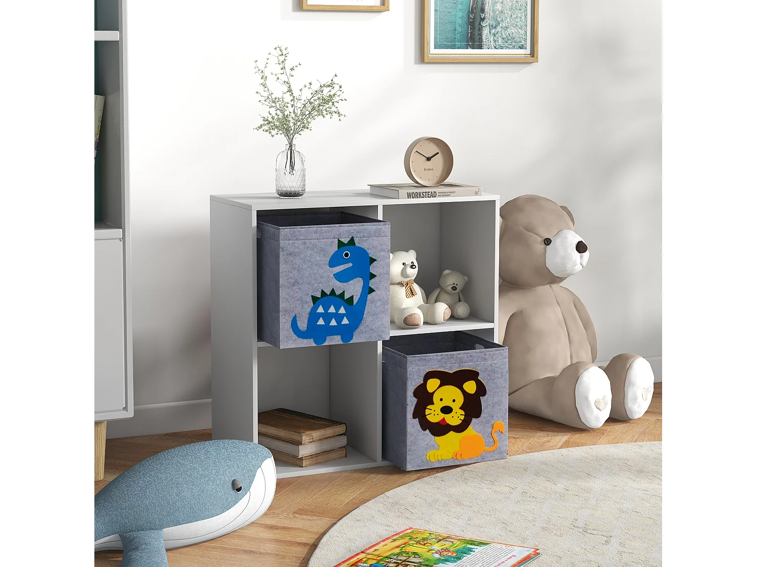 Meuble de rangement jouets enfant étagère de jouet pour chambre d'enfant 4 casiers 2 tiroirs non tissé MDF blanc