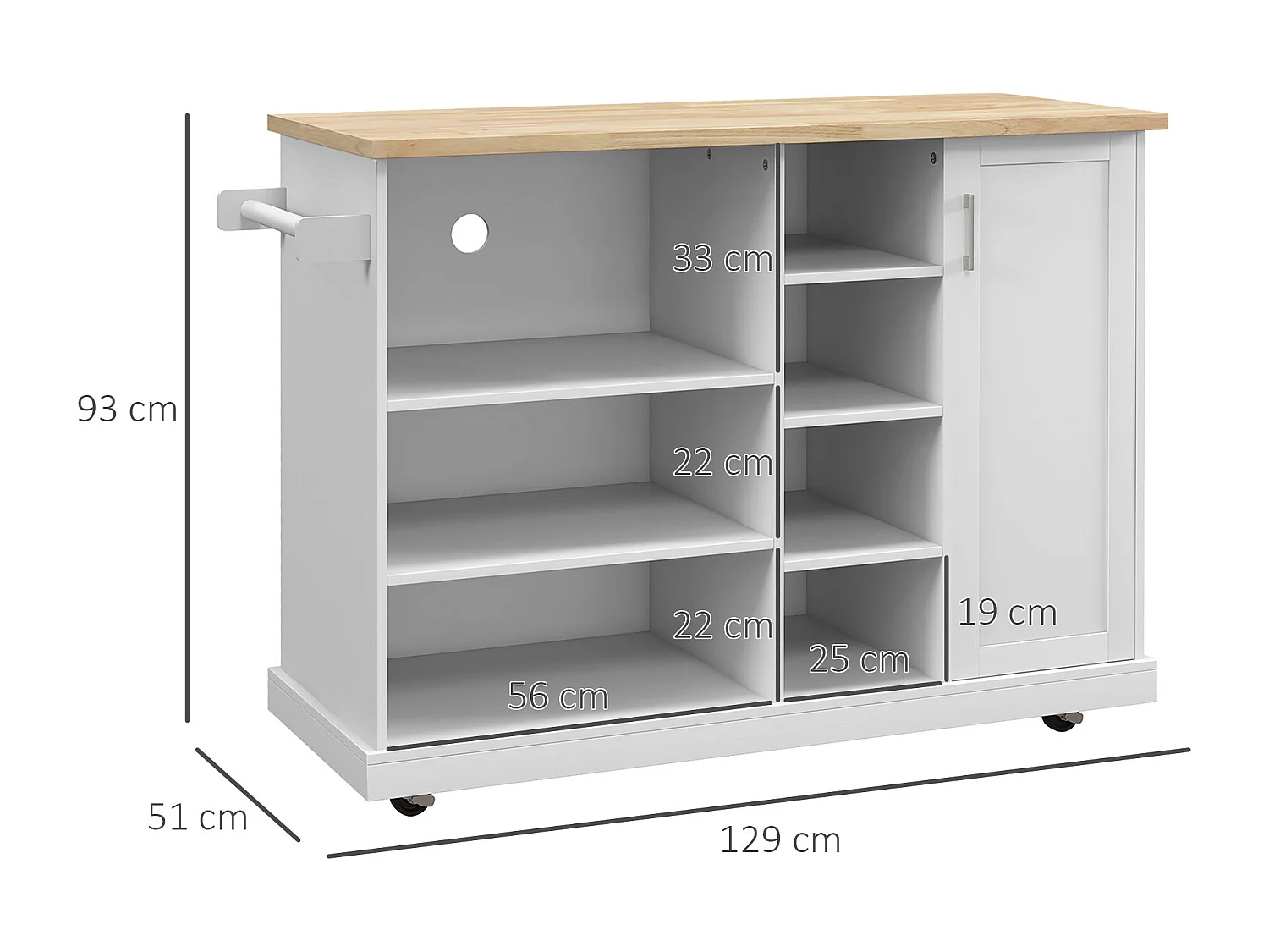 Desserte de cuisine îlot multi-rangement MDF blanc plateau bois hévéa verni