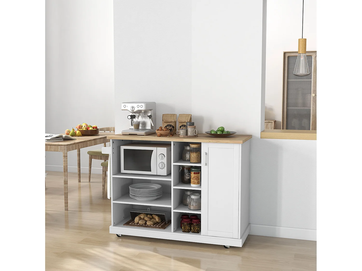 Desserte de cuisine îlot multi-rangement MDF blanc plateau bois hévéa verni