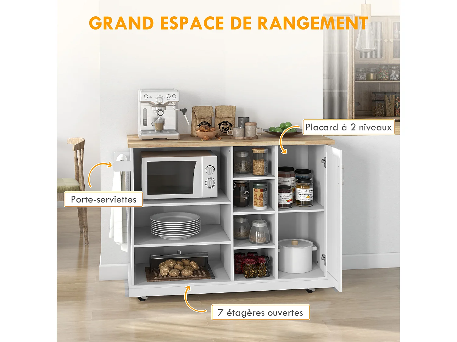 Desserte de cuisine îlot multi-rangement MDF blanc plateau bois hévéa verni