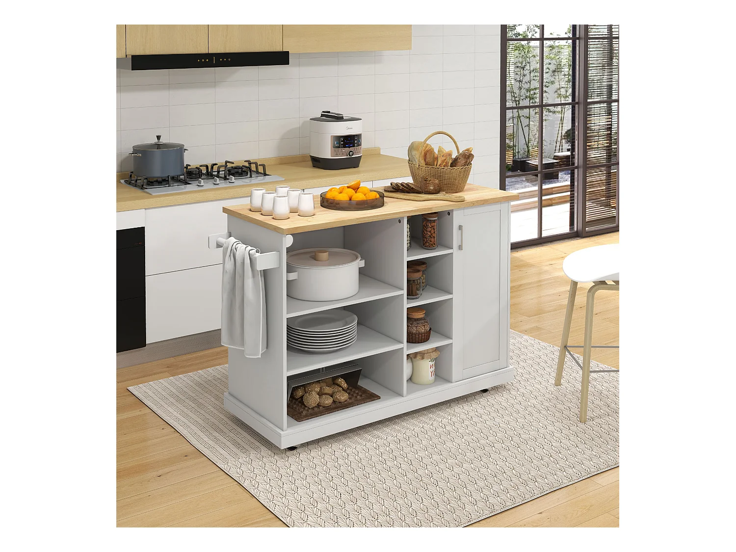 Desserte de cuisine îlot multi-rangement MDF blanc plateau bois hévéa verni
