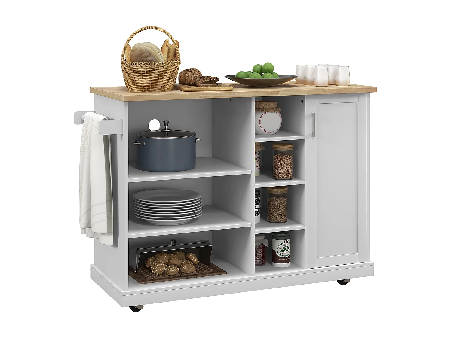 Desserte de cuisine îlot multi-rangement MDF blanc plateau bois hévéa verni