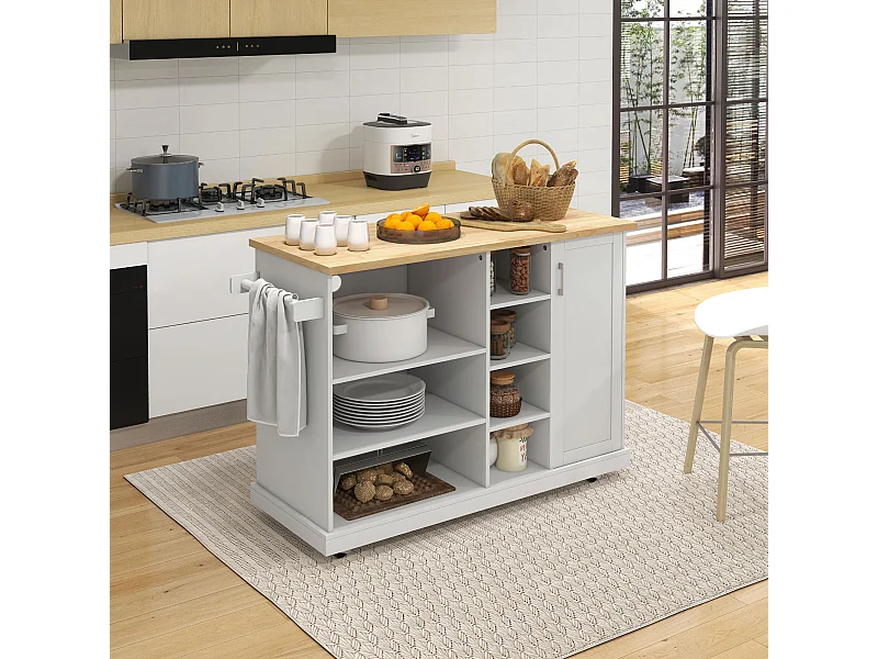 Desserte de cuisine îlot multi-rangement MDF blanc plateau bois hévéa verni