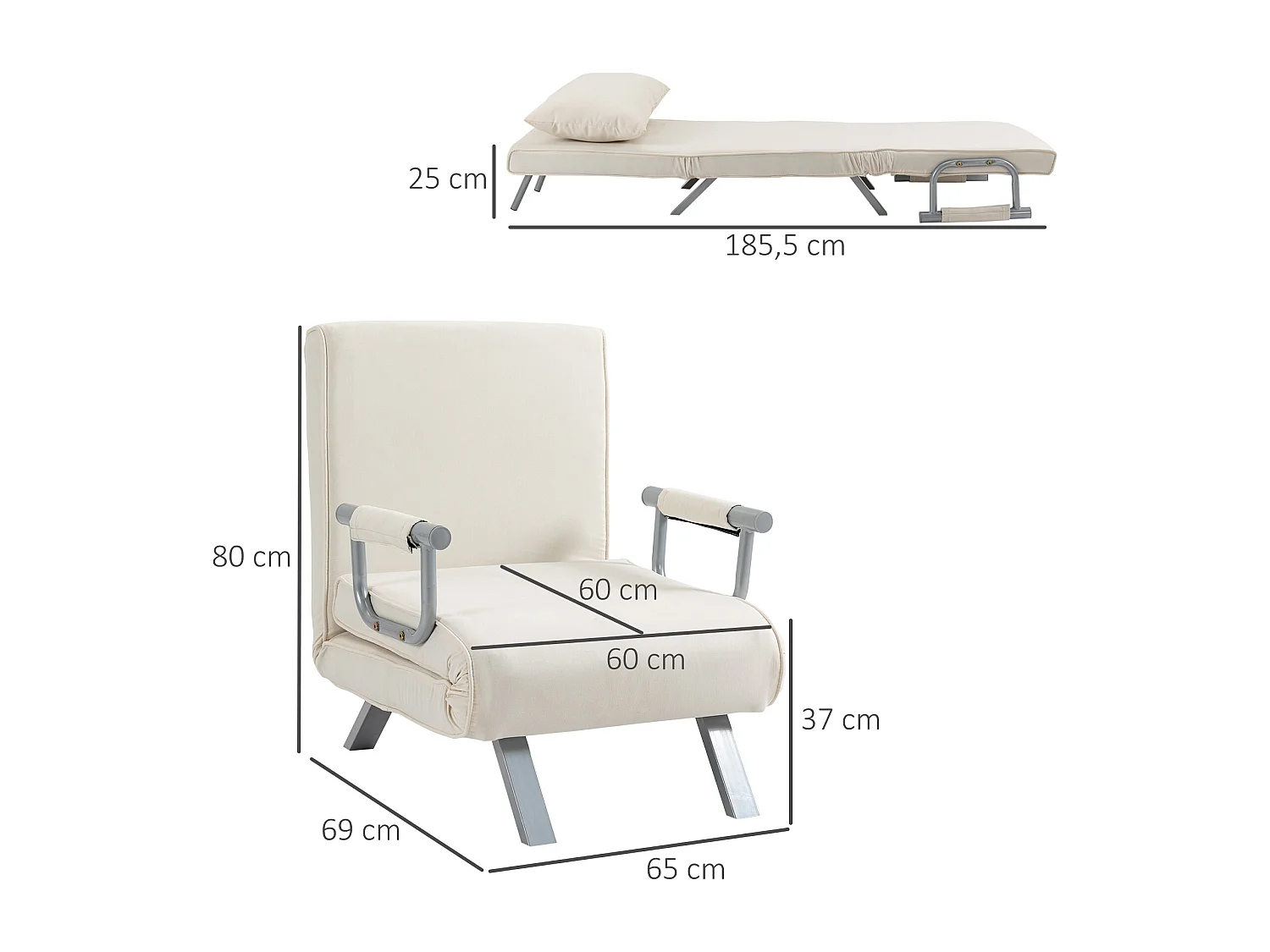 Fauteuil chauffeuse canapé-lit convertible 1 place déhoussable grand confort coussin pieds accoudoirs métal suède crème