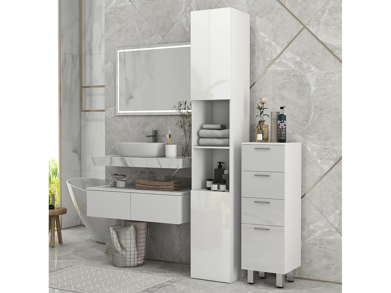 Meuble colonne rangement salle de bain style contemporain façade laquée 2 portes étagères 2 niches blanc