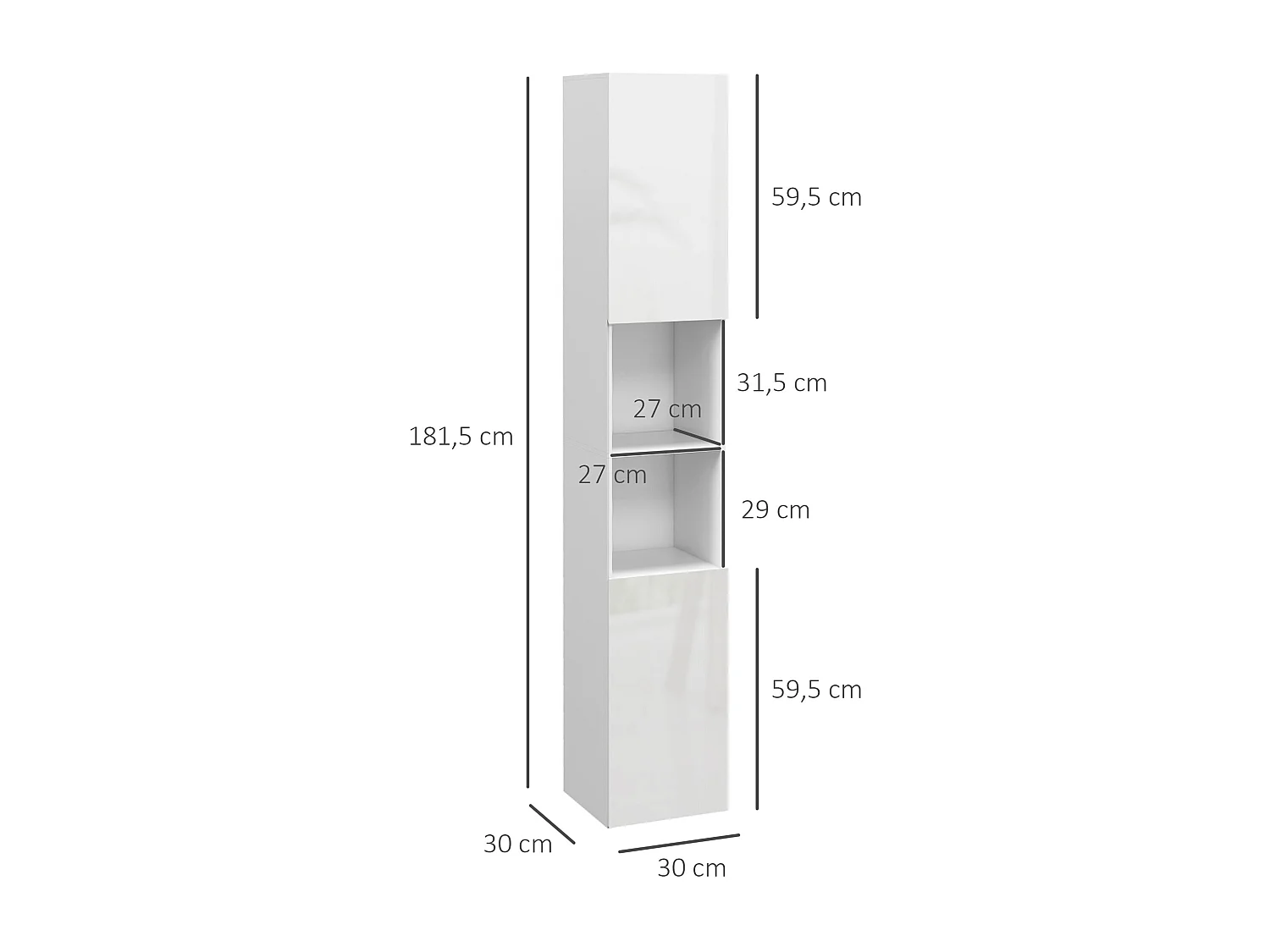 Meuble colonne rangement salle de bain style contemporain façade laquée 2 portes étagères 2 niches blanc
