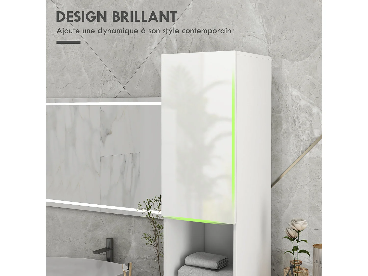 Meuble colonne rangement salle de bain style contemporain façade laquée 2 portes étagères 2 niches blanc