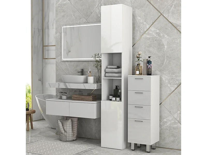 Meuble colonne rangement salle de bain style contemporain façade laquée 2 portes étagères 2 niches blanc