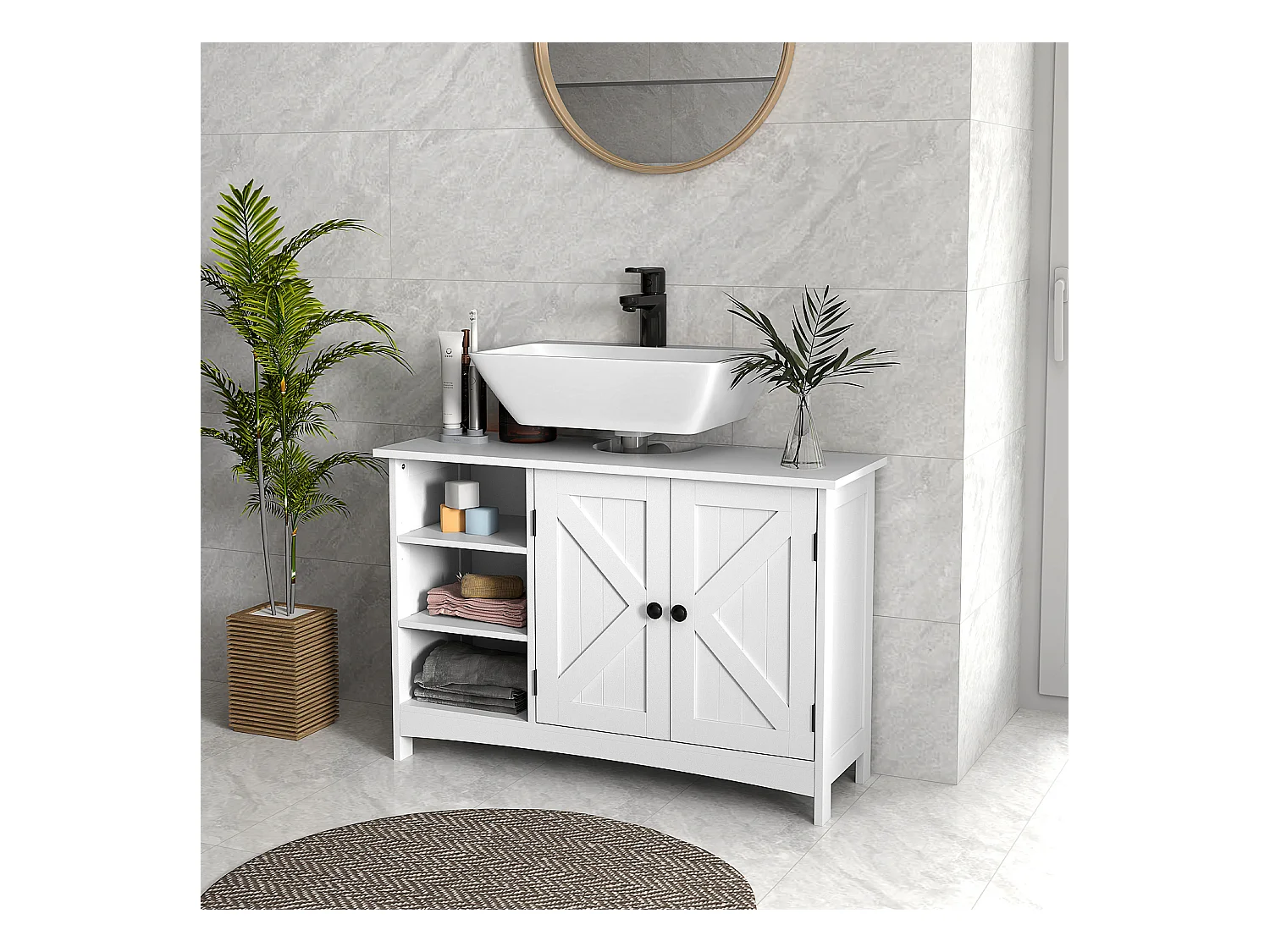 Meuble vasque - meuble sous-vasque - 2 portes croisillon, étagère, 3 niches - poignées boutons métal noir - dim. 90L x 30l x 60H cm - MDF blanc