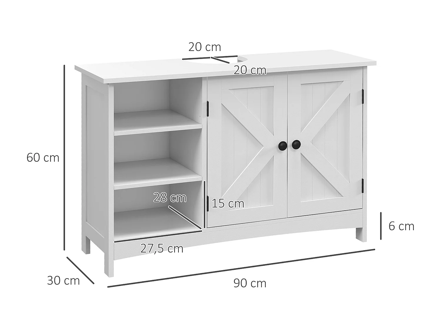 Meuble vasque - meuble sous-vasque - 2 portes croisillon, étagère, 3 niches - poignées boutons métal noir - dim. 90L x 30l x 60H cm - MDF blanc