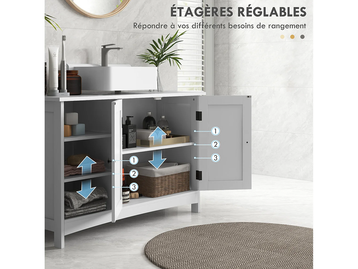 Meuble vasque - meuble sous-vasque - 2 portes croisillon, étagère, 3 niches - poignées boutons métal noir - dim. 90L x 30l x 60H cm - MDF blanc