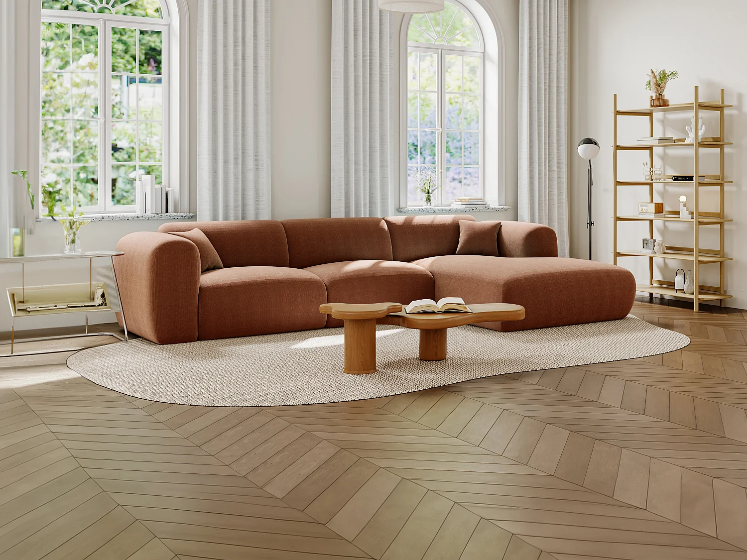 Grote hoekbank met hoek rechts van terracottakleurige ribfluweel met fijne ribbels POGNI van Maison Céphy