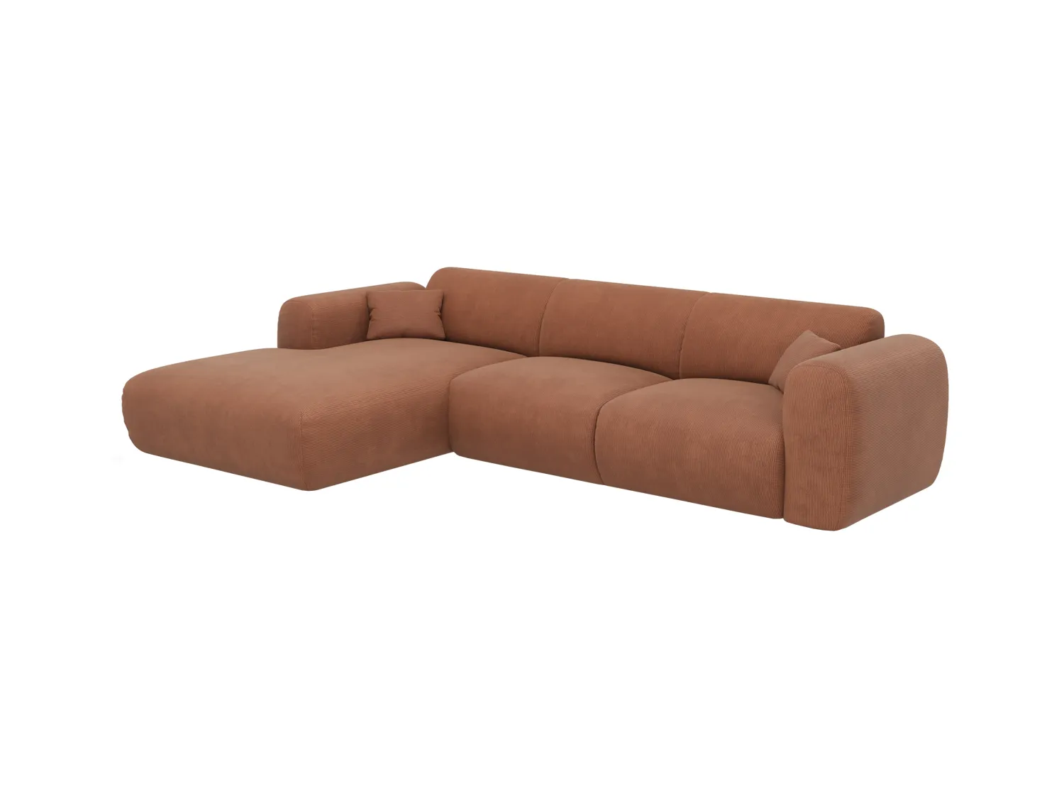 Grote hoekbank met hoek links van terracottakleurige stof met structuur POGNI van Maison Céphy