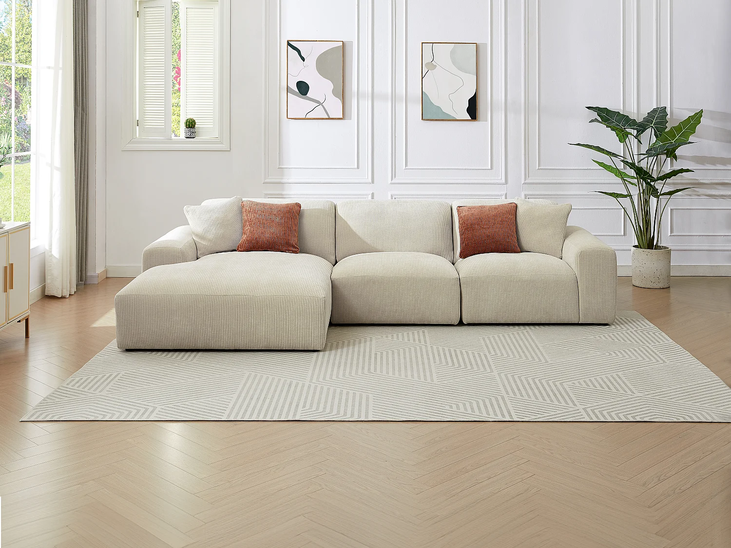 Grote hoekbank met hoek links van beige ribfluweel TIRONO van Maison Céphy