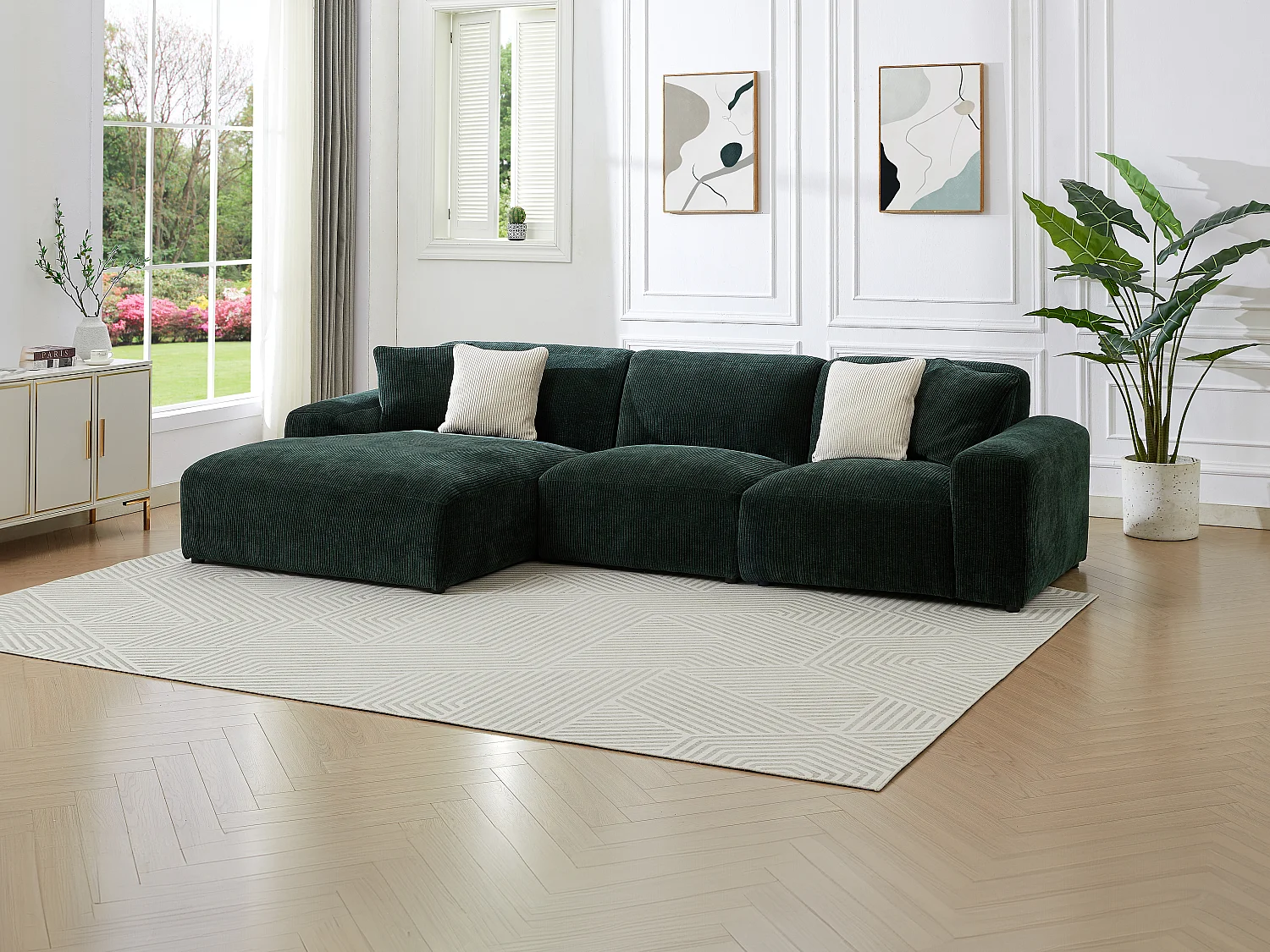 Stor vänster hörnsoffa i sammetskord mörkgrön sammetstyg TIRONO från Maison Céphy