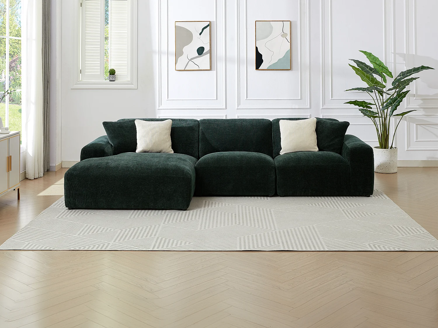 Stor vänster hörnsoffa i sammetskord mörkgrön sammetstyg TIRONO från Maison Céphy