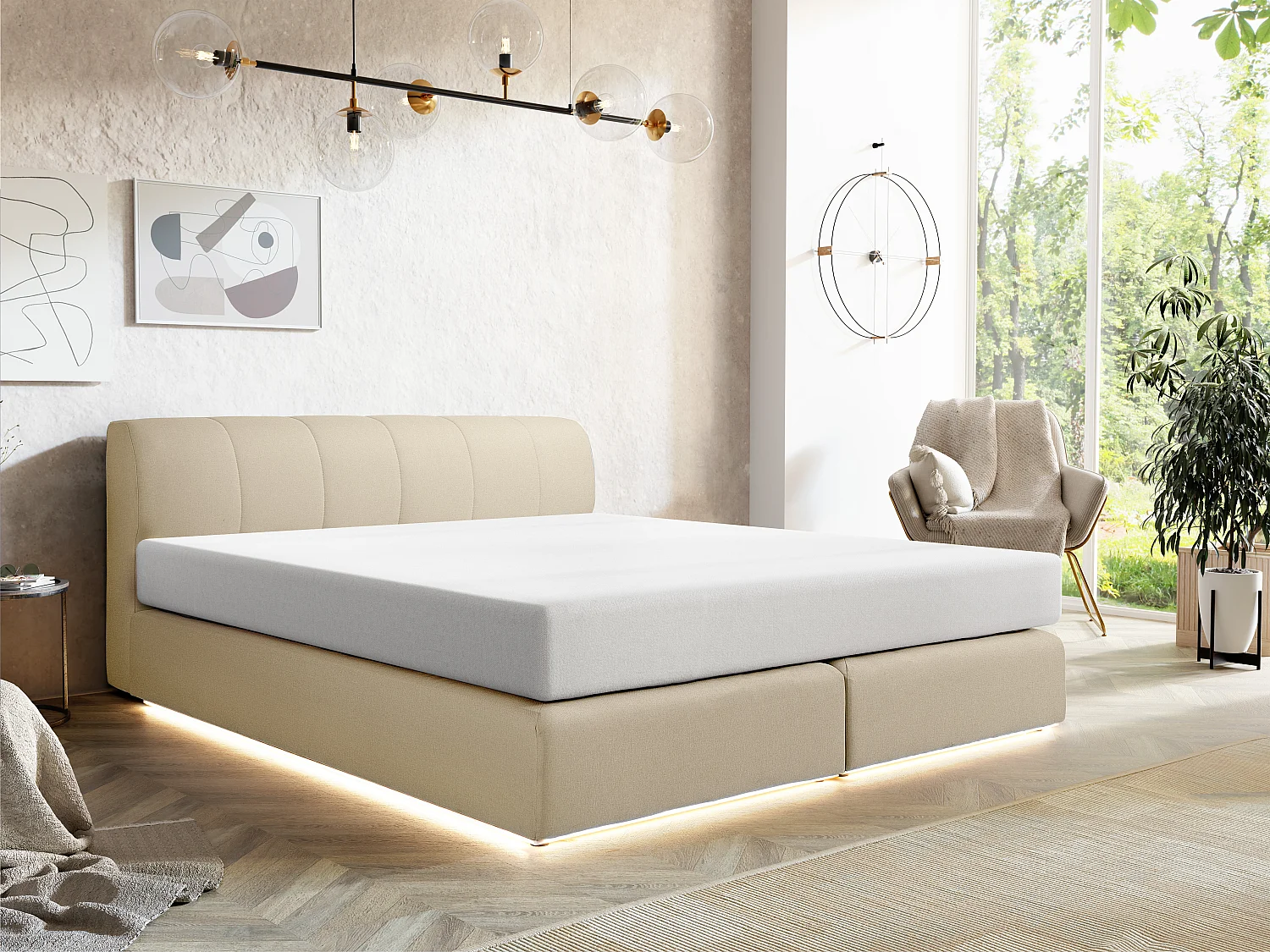 Complete set met boxspring en hoofdbord – Met bedbodem – Met ledverlichting – Met matras – 160 x 200 cm – Stoffen bekleding – Beige – OTARU van YSMÉE