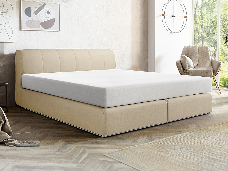 Boxspringbett mit Kopfteil + Lattenrost mit LED-Beleuchtung + Matratze - 180 x 200 cm - Stoff - Beige - OTARU von YSMÉE