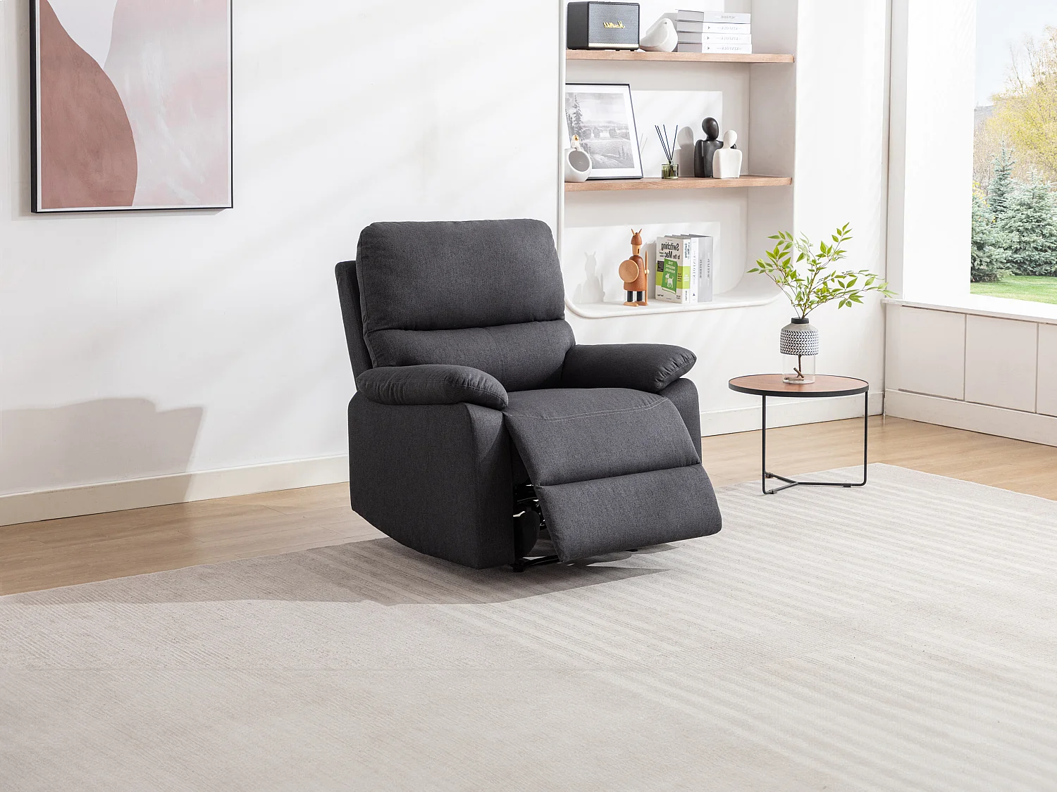 Elektrische relaxfauteuil van donkergrijze stof LUNANO