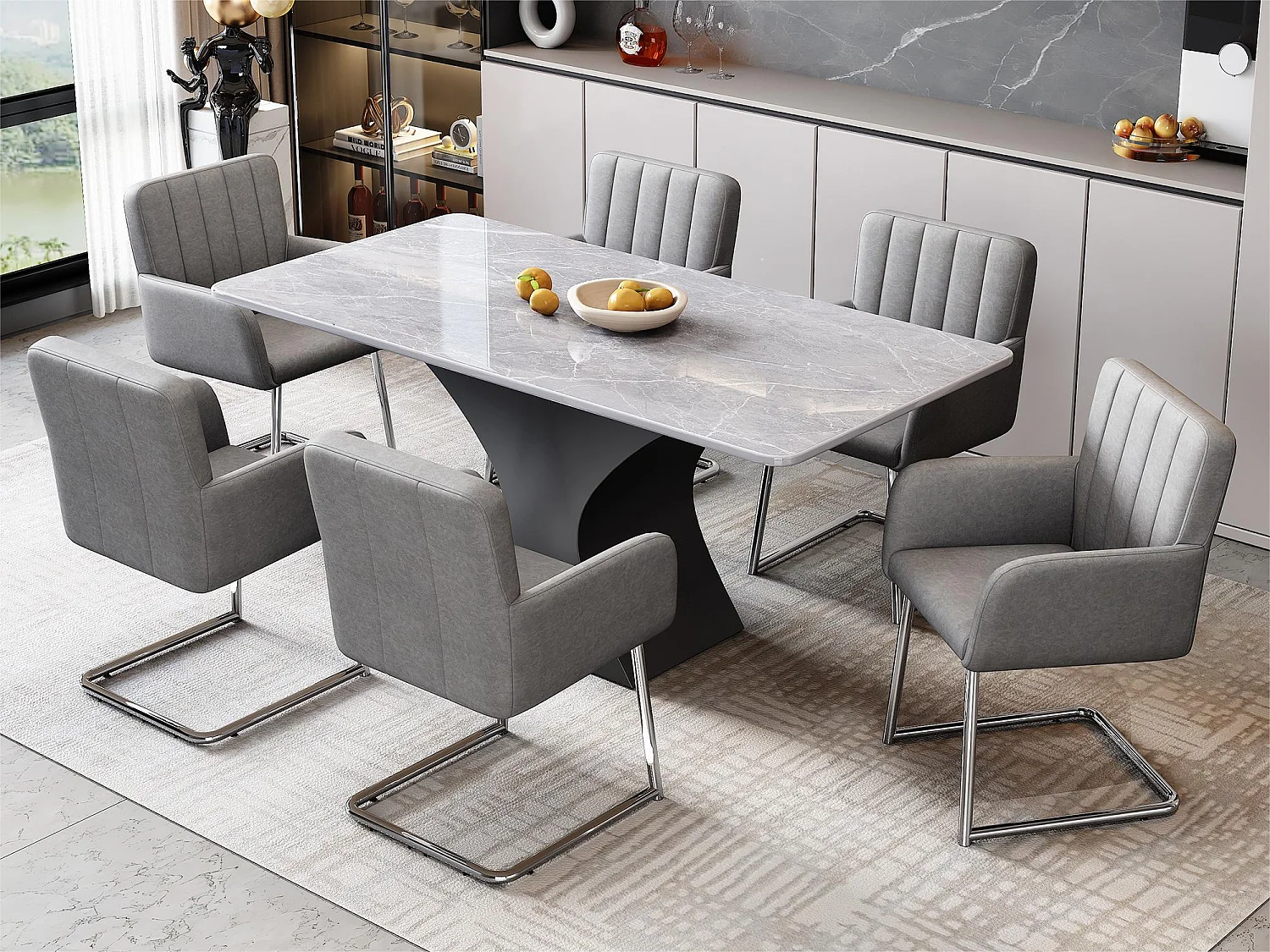 Set van 6 met kunstleer beklede sledestoelen - grijs