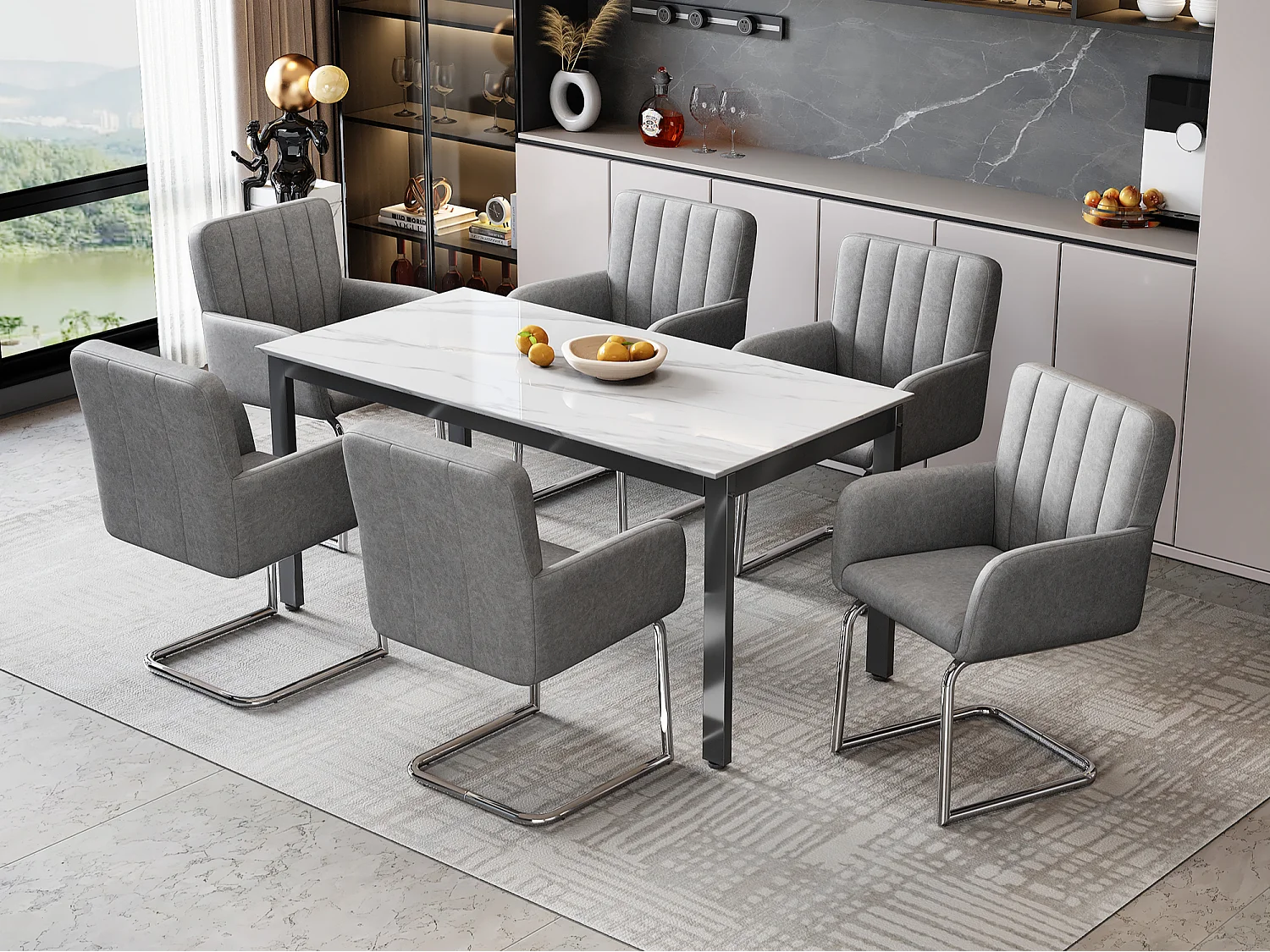 Set van 6 met kunstleer beklede sledestoelen - grijs