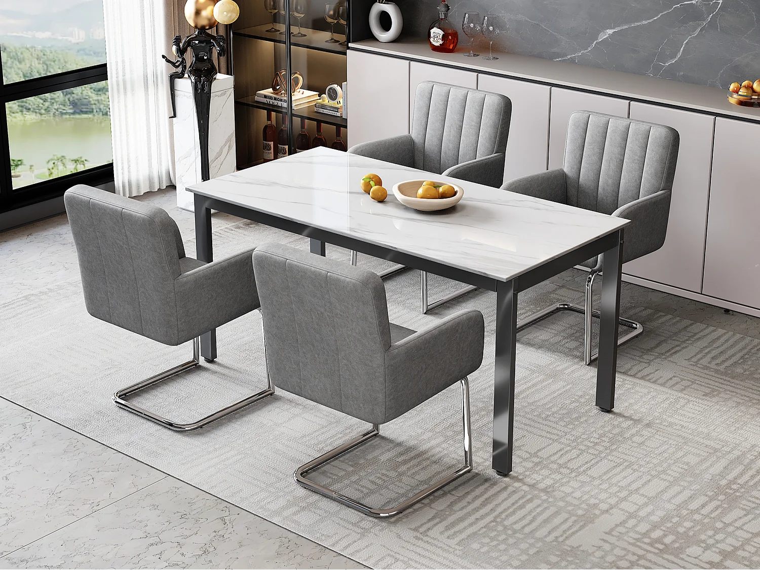 Lot de 4 Chaises cantilever rembourrées en similicuir - Gris