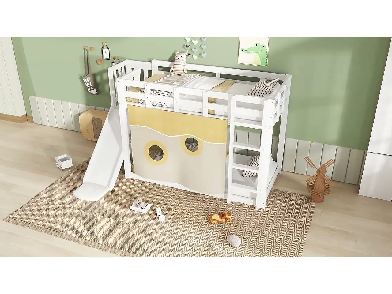 Lit superposé 90x200cm - avec échelle et rambarde - avec rideaux de lit et toboggan - MDF + bois massif - Blanc