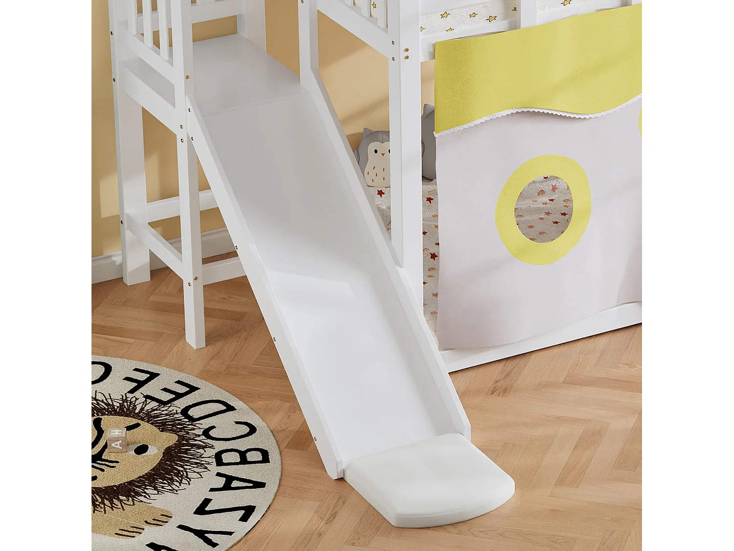 Lit superposé 90x200cm - avec échelle et rambarde - avec rideaux de lit et toboggan - MDF + bois massif - Blanc