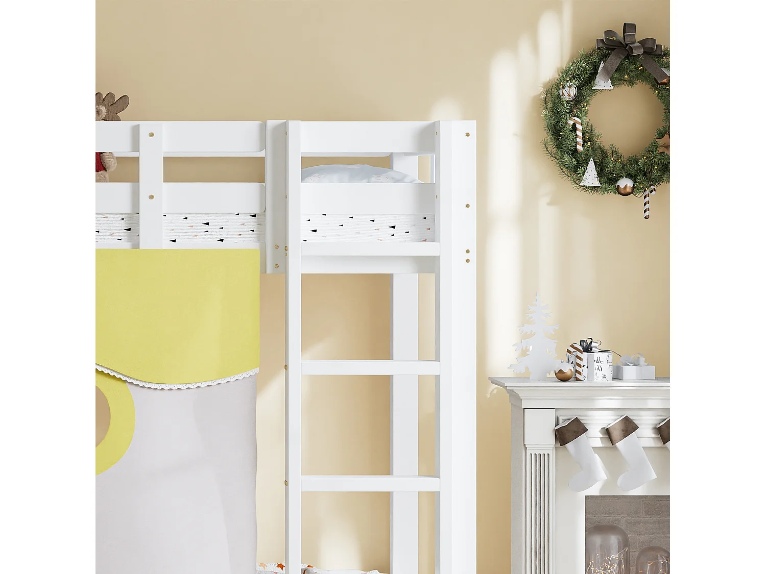 Lit superposé 90x200cm - avec échelle et rambarde - avec rideaux de lit et toboggan - MDF + bois massif - Blanc