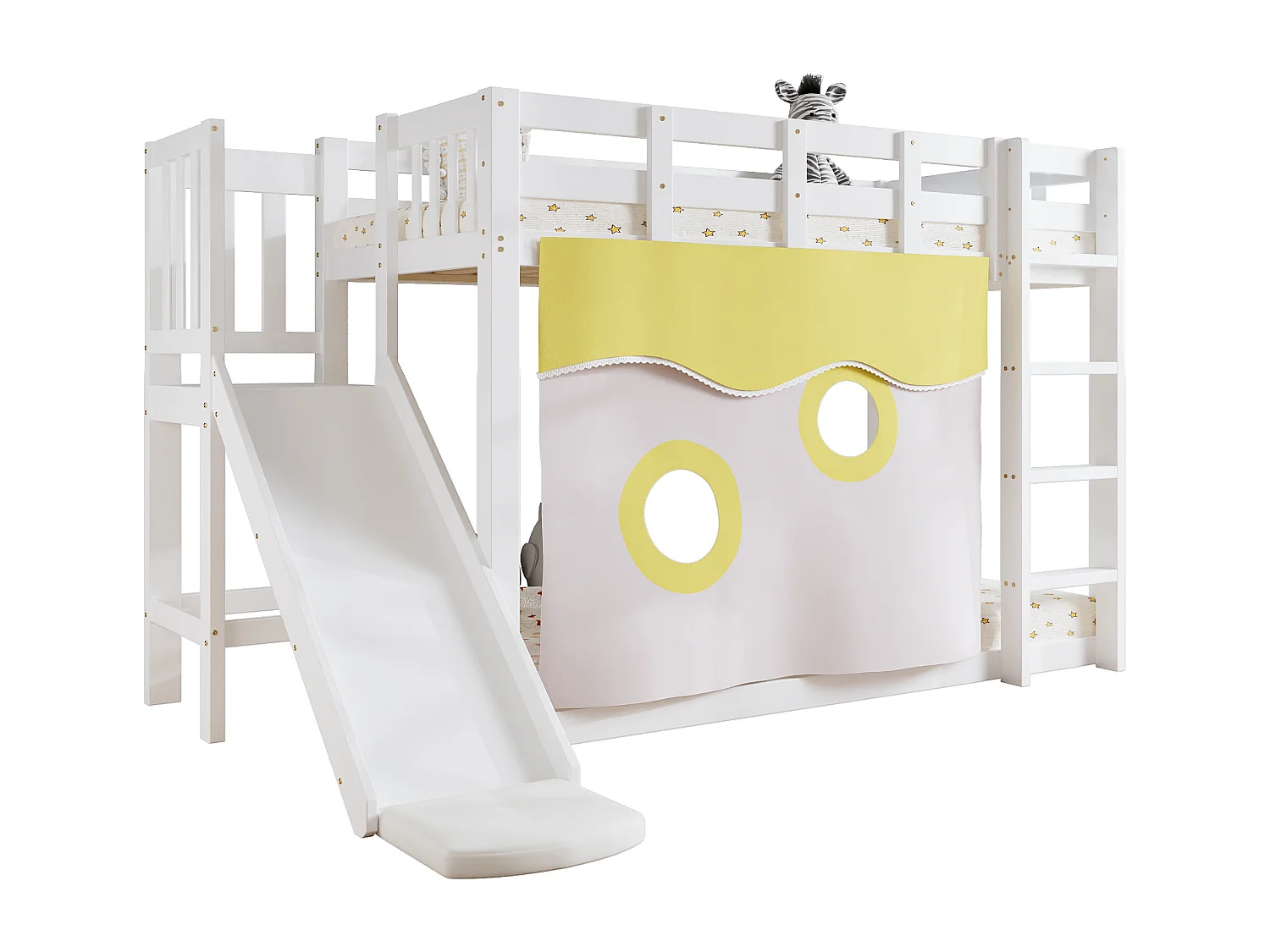 Lit superposé 90x200cm - avec échelle et rambarde - avec rideaux de lit et toboggan - MDF + bois massif - Blanc