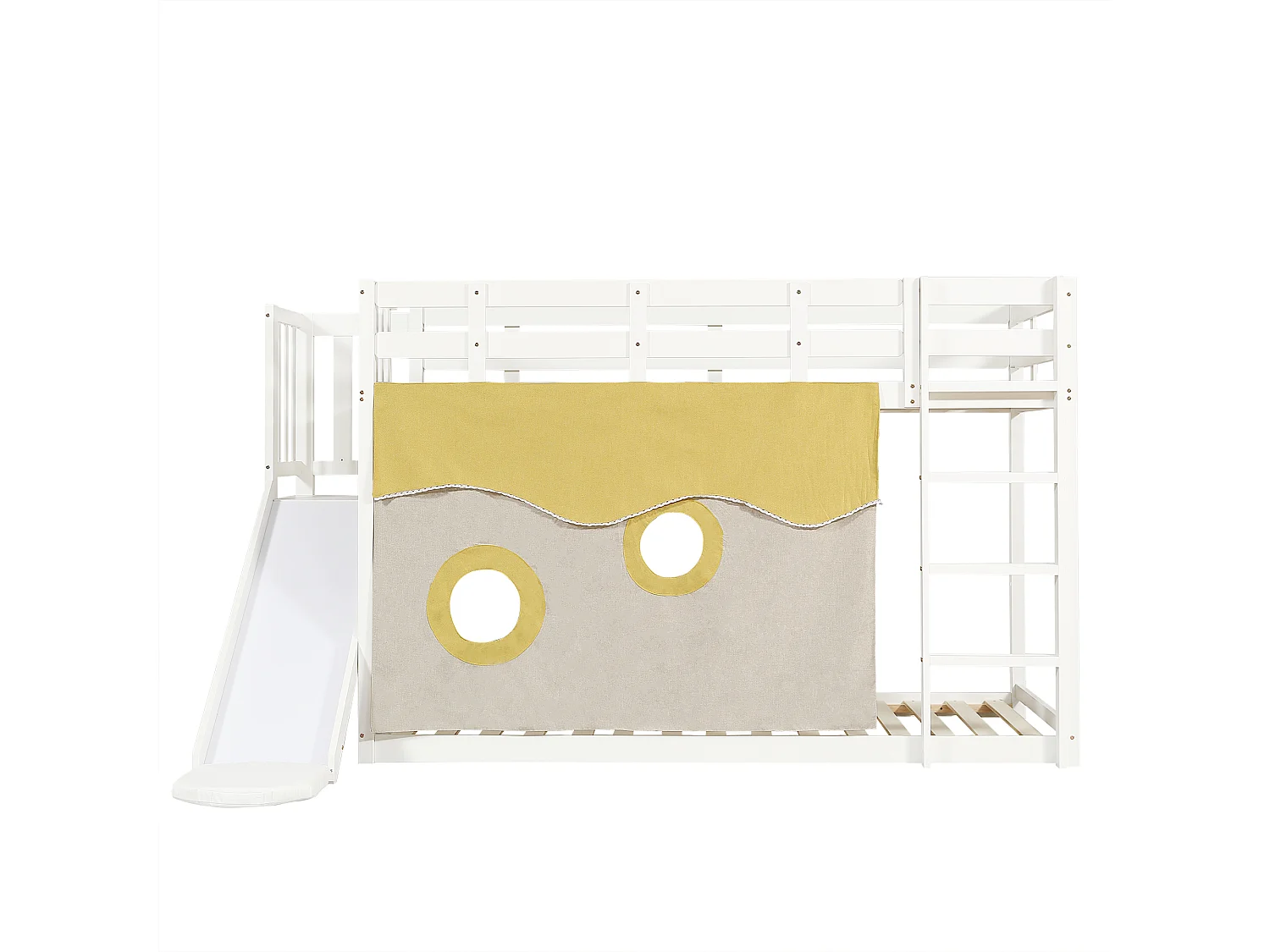 Lit superposé 90x200cm - avec échelle et rambarde - avec rideaux de lit et toboggan - MDF + bois massif - Blanc