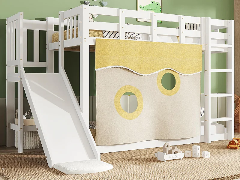 Letto a castello 90x200 cm in pino massiccio con scaletta e scivolo portaoggetti - Bianco