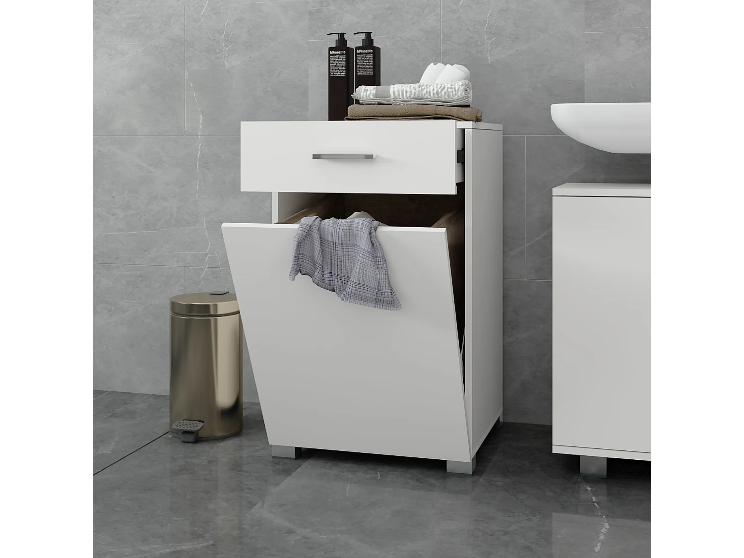 ML-Design Meuble Bas de Salle de Bain, Blanc, 50 x 78,5 x 45 cm,  avec 1 Tiroir et 1 Panier à Linge, MDF Mélaminé