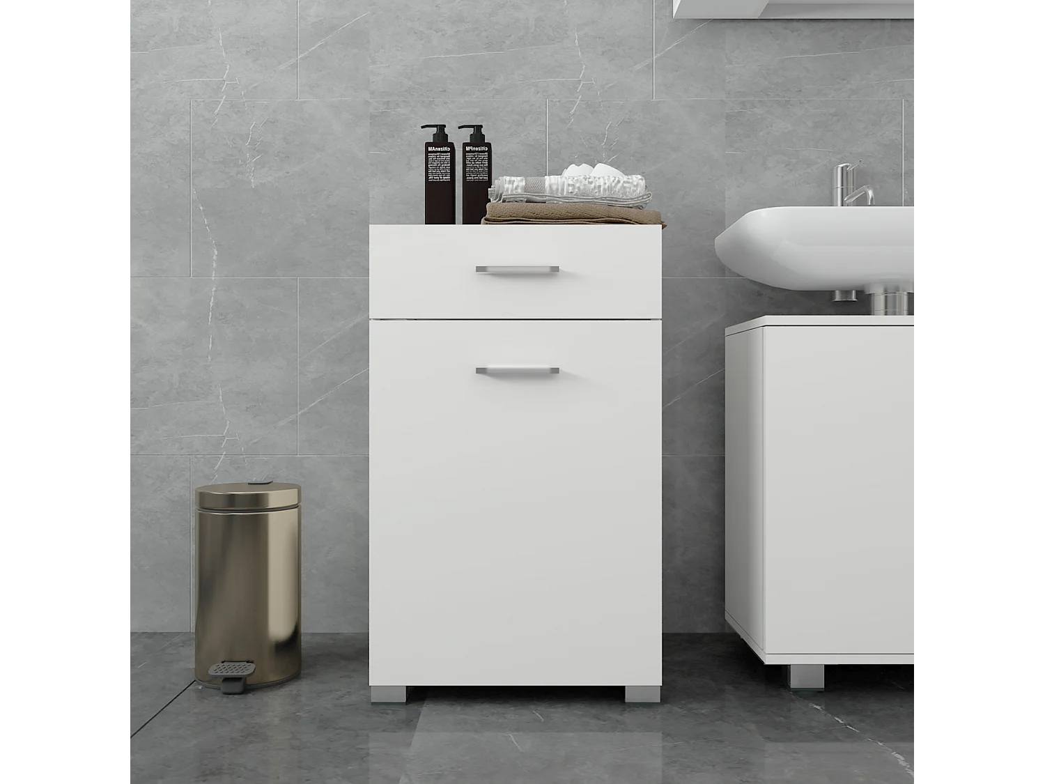 ML-Design Meuble Bas de Salle de Bain, Blanc, 50 x 78,5 x 45 cm,  avec 1 Tiroir et 1 Panier à Linge, MDF Mélaminé