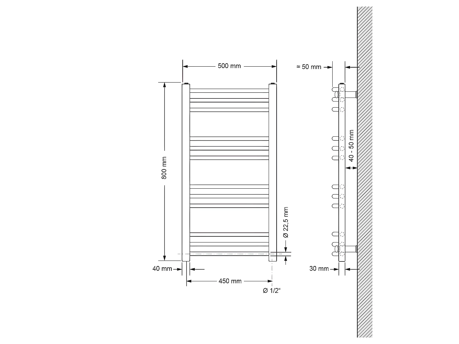 Calentador Eléctrico de Baño Sahara 500x800 mm Antracita Conexión Lateral Curva y Barra Calentadora 300W Termostato y Pantalla Digital