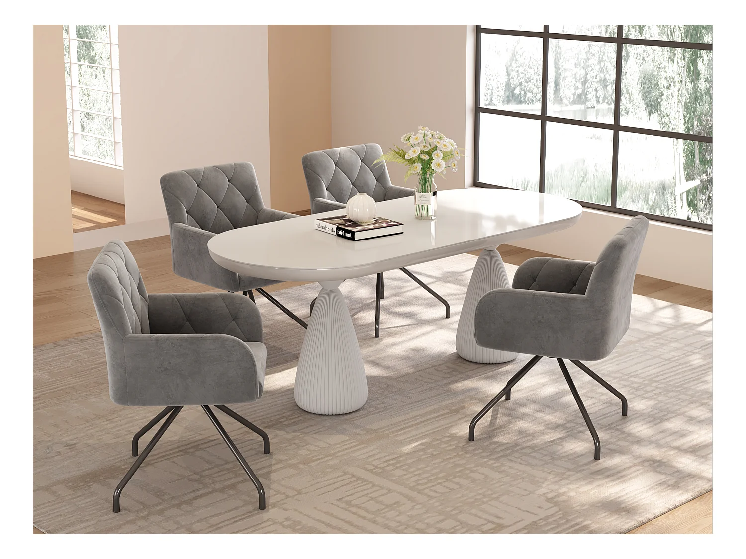 Lot de 4 Chaises rembourrées en velours avec pieds en métal - Gris clair