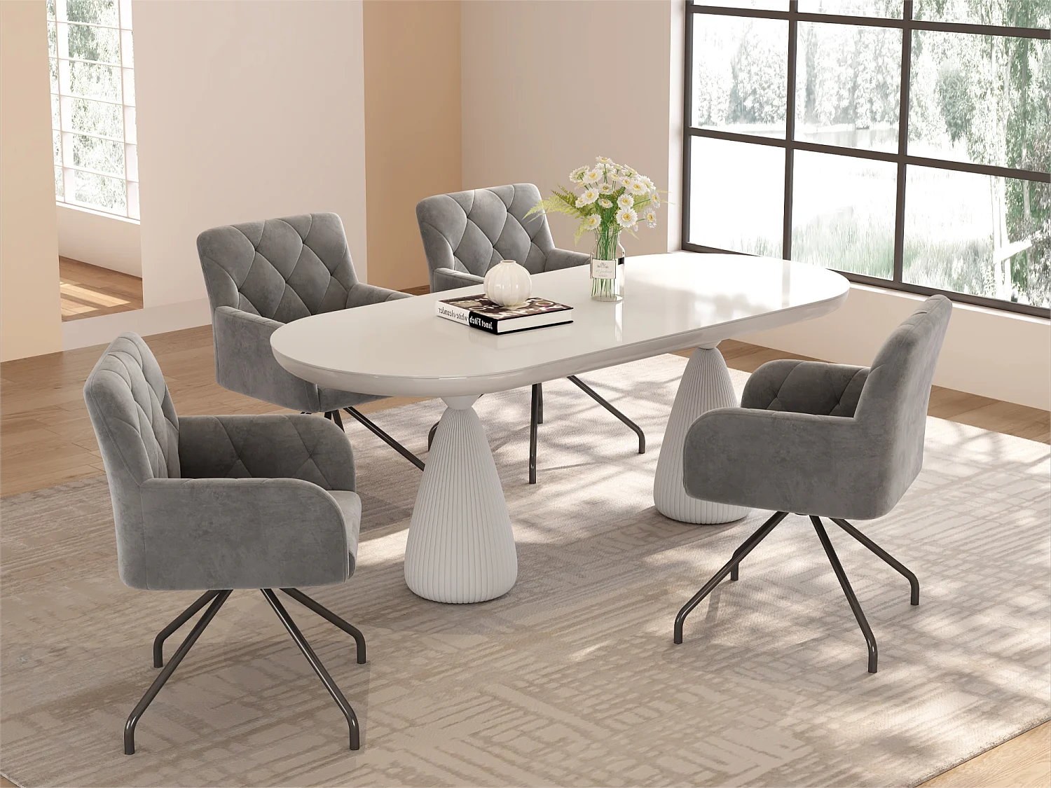 Set van 4 fluwelen gestoffeerde stoelen met metalen poten - lichtgrijs