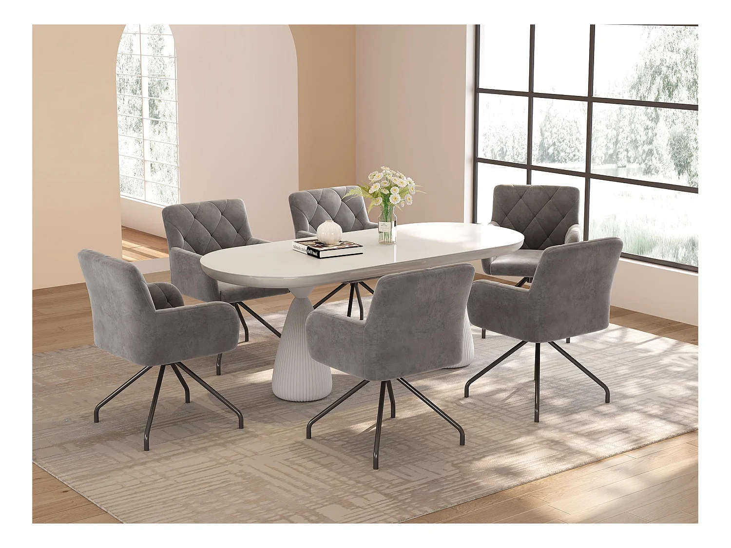 Lot de 6 Chaises rembourrées en velours avec pieds en métal - Gris clair