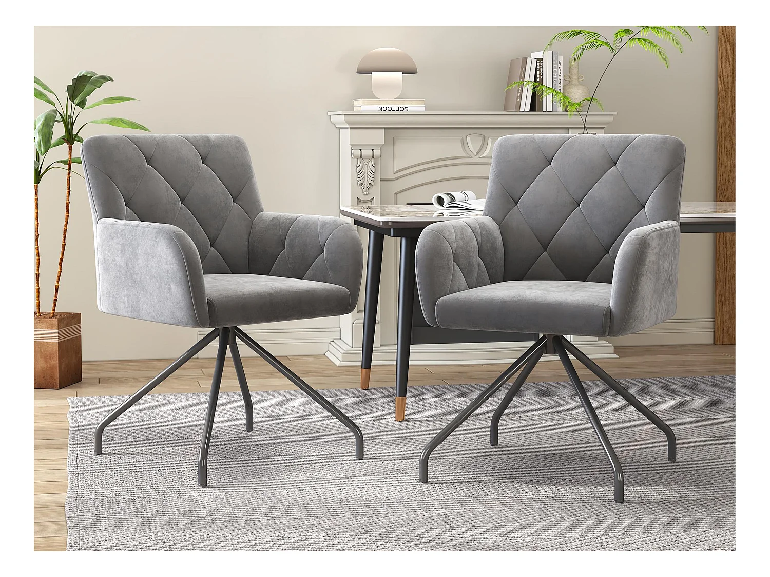 Lot de 2 Chaises rembourrées en velours avec pieds en métal - Gris clair