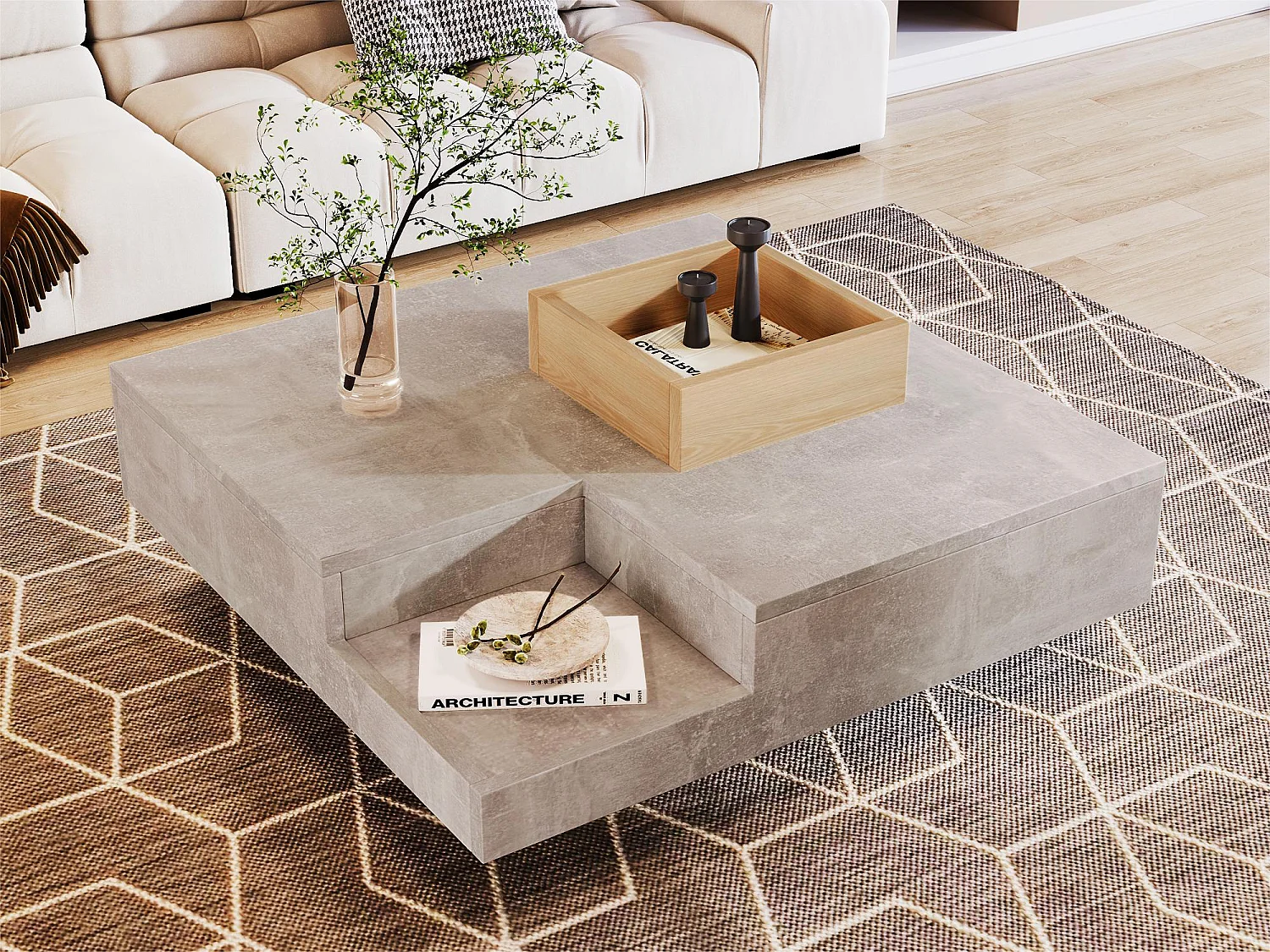 Table basse carrée avec une coffre amovible de rangement - Gris clair