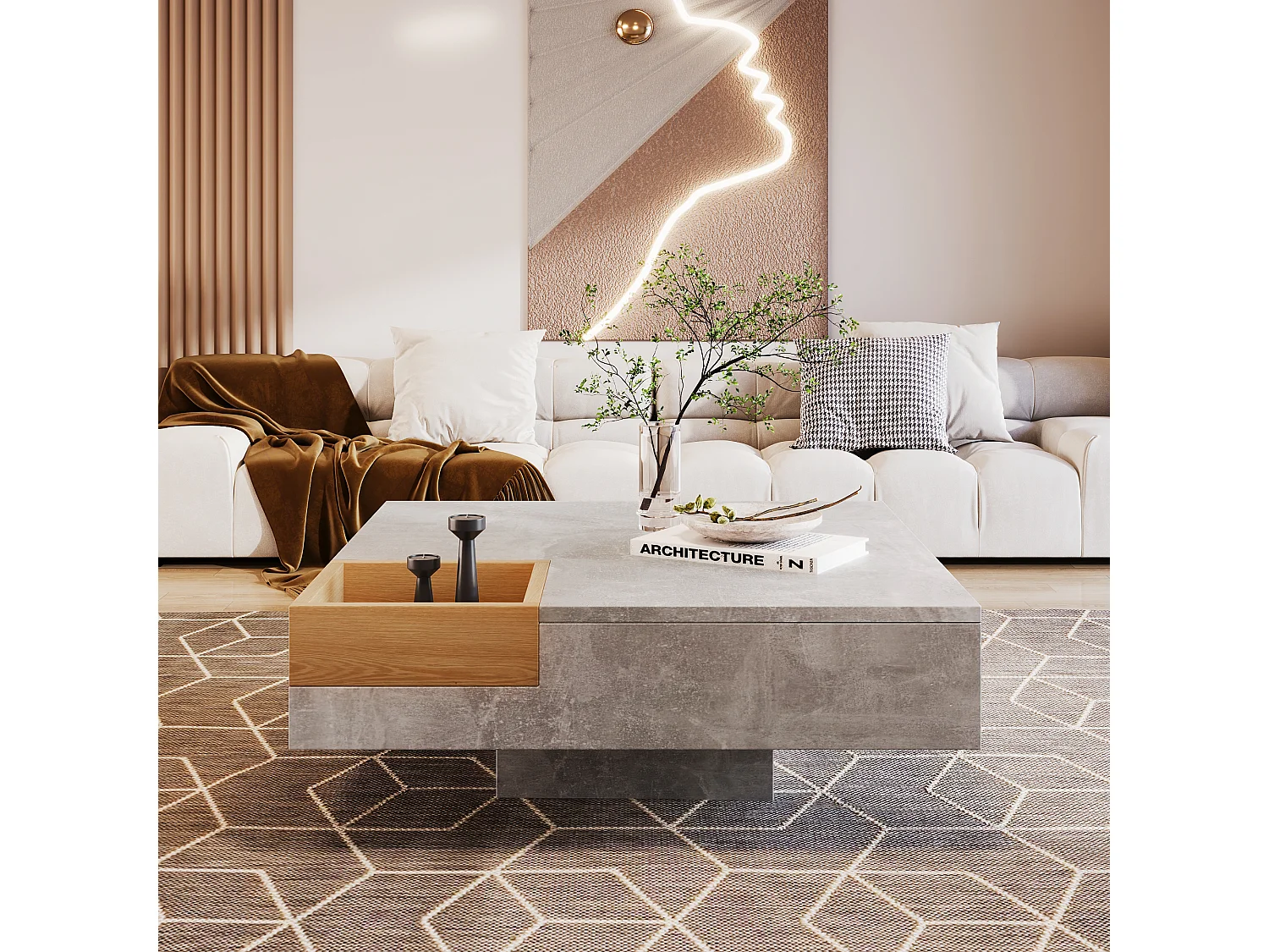 Table basse carrée avec une coffre amovible de rangement - Gris clair