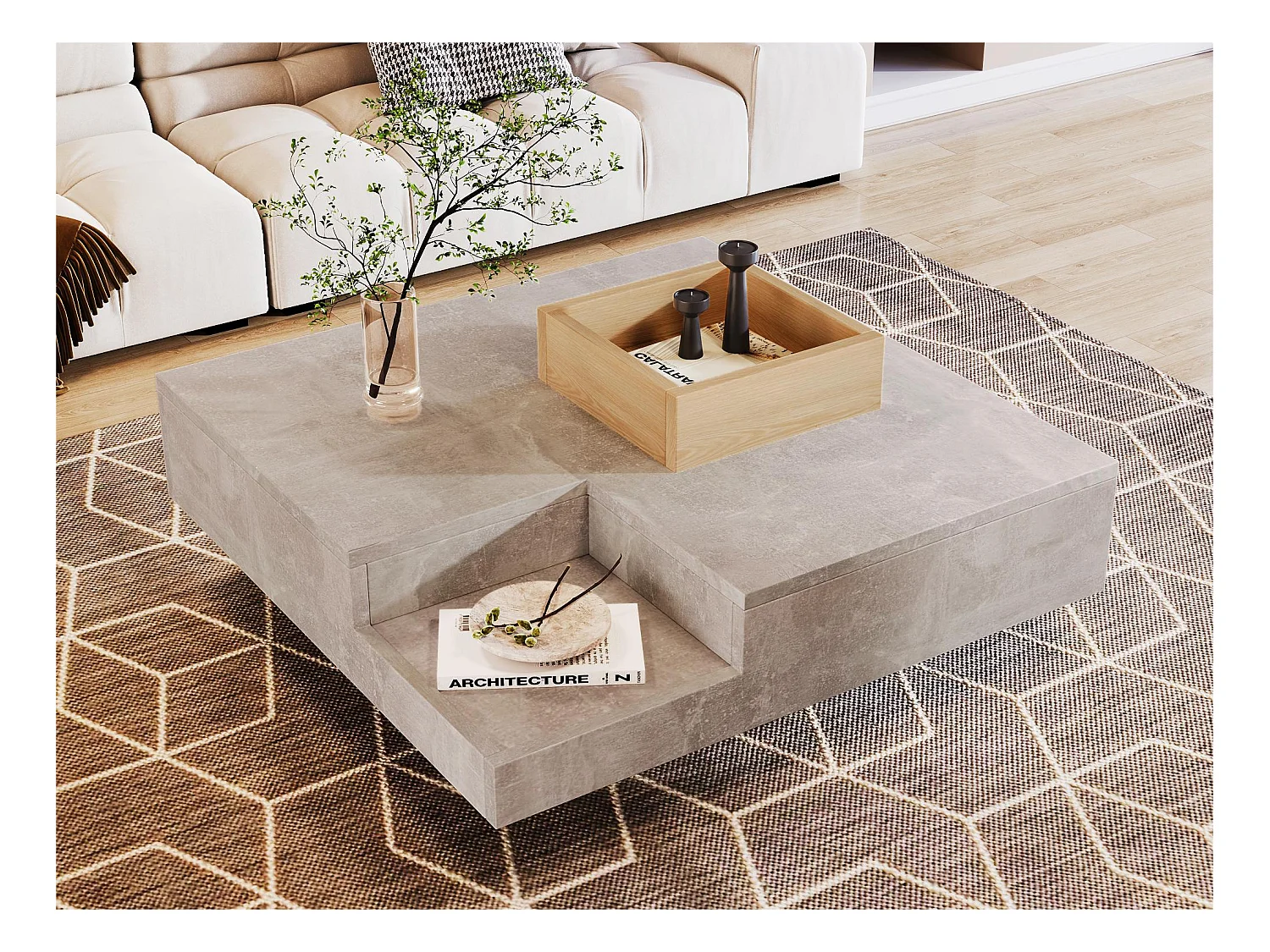 Table basse carrée avec une coffre amovible de rangement - Gris clair