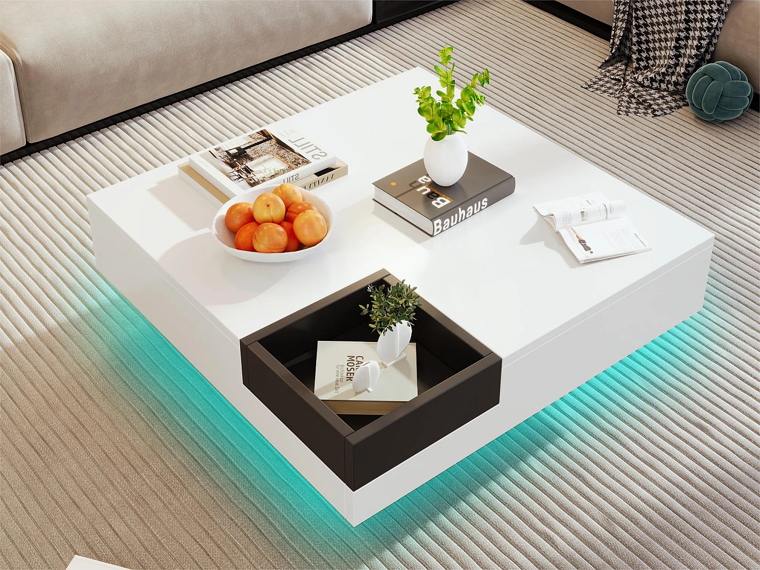 Table basse carrée avec une coffre amovible de rangement - lumières LED en bas - Blanc