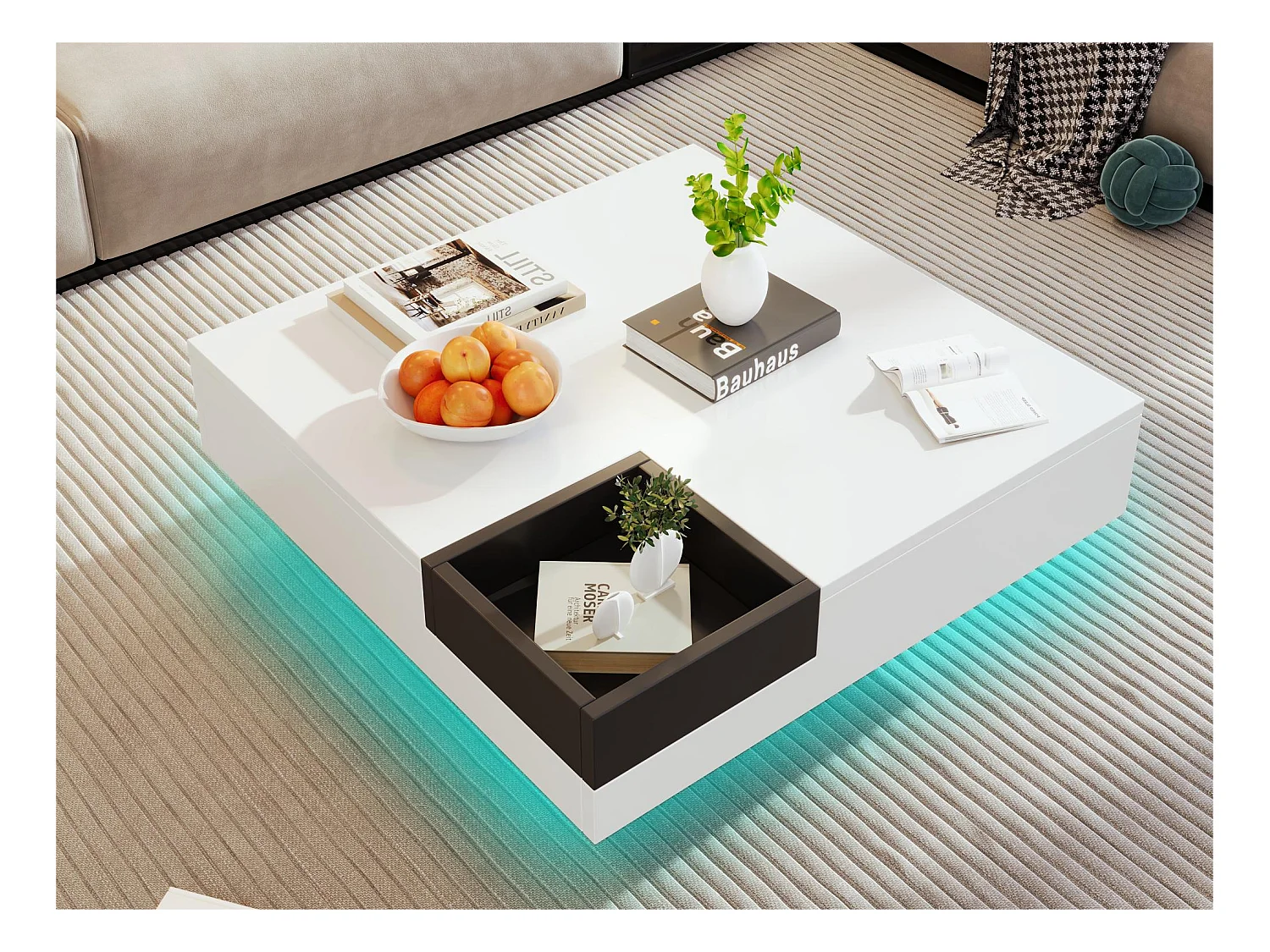 Table basse carrée avec une coffre amovible de rangement - lumières LED en bas - Blanc