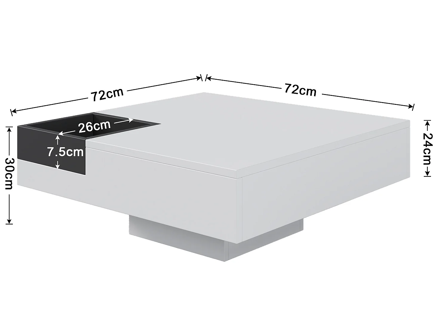 Quadratischer Couchtisch mit abnehmbarer Aufbewahrungsbox – LED-Leuchten an der Unterseite – Weiß