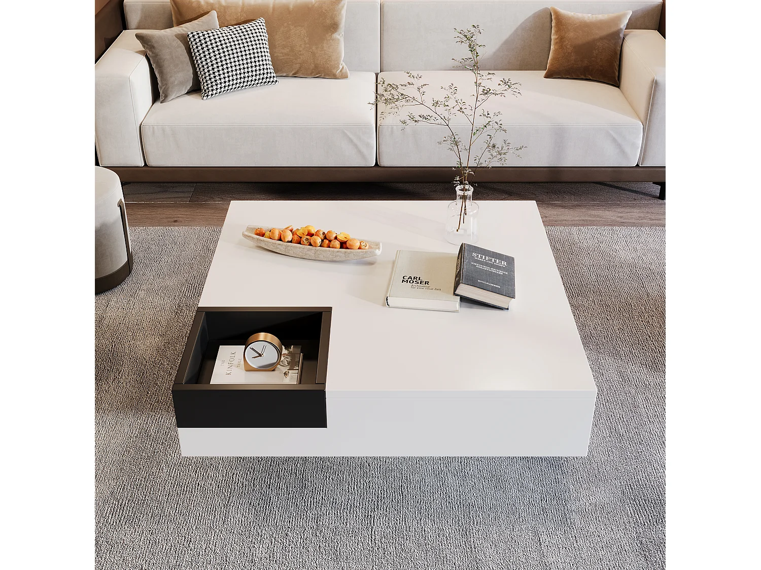 Table basse carrée avec une coffre amovible de rangement - lumières LED en bas - Blanc