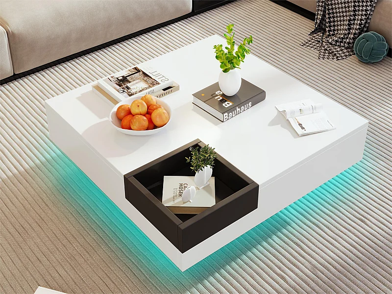 Table basse carrée avec une coffre amovible de rangement - lumières LED en bas - Blanc