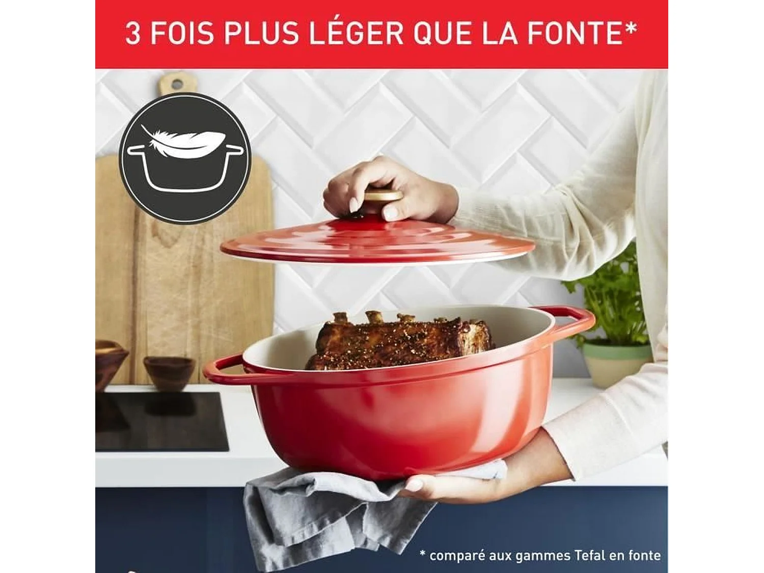 TEFAL E2548904 Air cocotte légere ovale 30x23 cm, fonte d'aluminium rouge, tous feux dont induction
